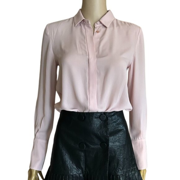 🎄 MANGO 🛍️WOMEN'S BUTTON DOWN SHEER LIGHT PINK SHIRT 🎁 PRETTY FLARED CUFFS XS - Picture 1 of 5
